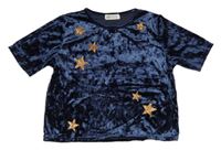 Tmavomodré zamatové tričko s hviezdami H&M
