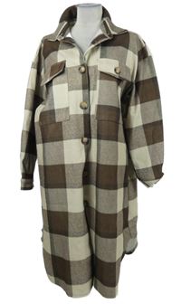 Dámský béžovo-hnědý kostkovaný dlouhý kabát Chicme