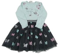 Světlemodro-tmavošedé bavlněno/tylové šaty s motýly a květy Topolino