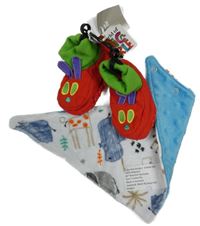 Nové - 2set - Modrý plyšový šátek s obrázky + červeno-zelené capáčky 