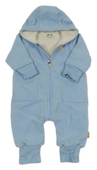 Svetlomodrá fleecová podšitá kombinéza s medvedíkom a kapucňou