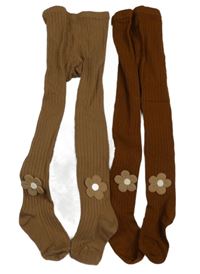 Nové - 2x - Béžové + hnědé žebrované punčocháče s květy 