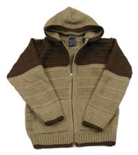 Hnedo-kávový vzorovaný rebrovaný pletený prepínaci sveter s kapucňou