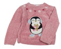 Ružový žinylkový sveter s tučňákem Primark