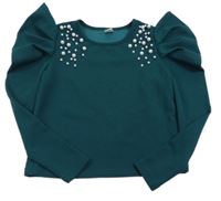 Tmavozelená halenka s perličkami a nabíranými rukávy Shein 