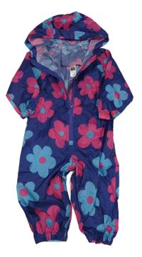 Tmavomodrá šusťáková kombinéza s kytičkami a kapucí Dunnes