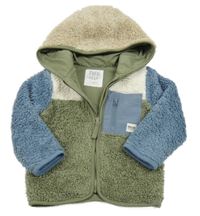 Khaki-modro-bílá huňatá propínací podšitá mikina s kapucí F&F