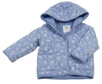 Modrá plátěná prošívaná zateplená bunda s kytičkami a kapucí F&F