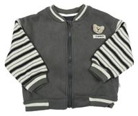 Sivo-pruhovaná prepínaci mikina s medvedíkmi a úpletovymi rukávy