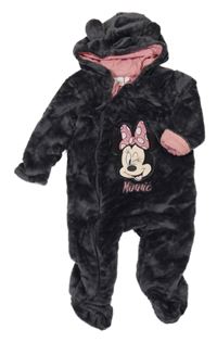 Tmavosivá plyšová podšitá kombinéza s Minnie a kapucňou s uškami Disney