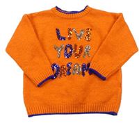 Tmavooranžový melírovaný sveter s nápisy z flitrů M&Co