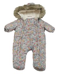 Světlešedá melírovaná květovaná šusťáková zimní kombinéza s kapucí s kožešinou F&F