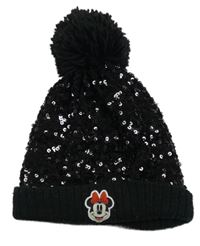 Čierna tylovo/pletená čapica s Minnie a flitrami a brmbolcom Disney