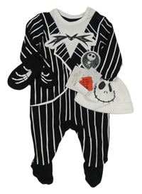 Nové - 3Set - Černo-bílý pruhovaný overal + rukavice + bílá čepice - Jack SkellingtonGeorge