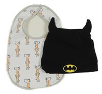 2Set - Černá čepice - Batman + bílo/světlešedý bryndák se žirafami 