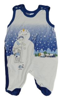 Bílo-tmavomodro-safírové sametové dupačky s medvedíkom a zajačikom a sněhuláčkem