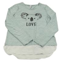 Mentolovo-bílé melírované úpletové mikinotriko s koalou s flitrami a všitou halenkou YIGGA