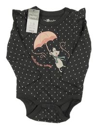 Nové - tmavošedé body s myškou a kapkami a volánky so cute