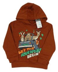 Nové - tmavohnědá teplá mikina s autobusem a zvířátky a kapucí PRIMARK