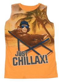 Kriklavoě oranžové melírované tielko so šimpanzom a palmou a nápismi Chapter young