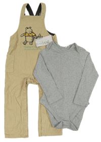Nové - 2Set - Béžové cargo manšestrové laclové kalhoty s Pú + šedé melírované body M&S