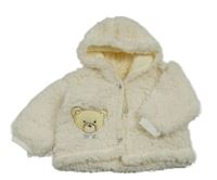Smetanová huňatá propínací mikina s medvědem a kapucí