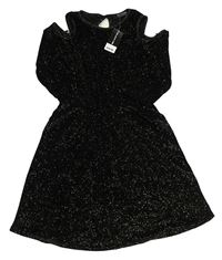 Nové - Černé třpytivé pruhované sametové šaty s průstřihy Select