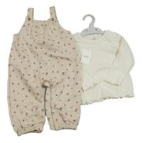 Nové - 2set - Béžové květované laclové tepláky + smetanové žebrované triko M&S