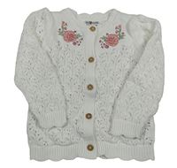 Bílý perforovaný propínací svetr s výšivkami květů