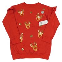 Nové - Červená dlouhá mikina se soby s bambulemi a flitry F&F