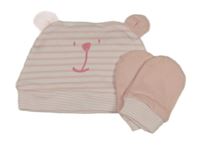 2set - Ružovo-biela pruhovaná bavlnená čapica s medvědem + rukavičky