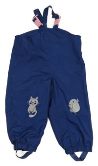 Tmavomodré šusťákové podšité laclové kalhoty s ptáčkem a kočkou Pocopiano