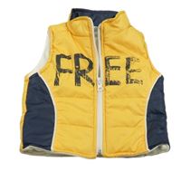Žlto-tmavomodrá šušťáková zateplená vesta s nápisom