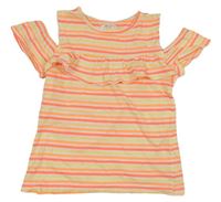 Bielo-neónově farebné pruhované tričko s volánem a prestrihmi