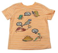 Neónově oranžové pruhované tričko s dinosaurami Nutmeg