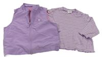2 set - Fialová šušťáková podšitá vesta s výšivkou + fialové pruhované tričko