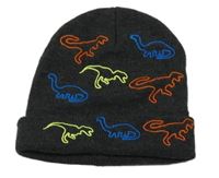 Tmavošedá pletená čepice s barevnými dinosaury 