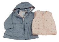 2 set- Modrá šusťáková jarní parka + světlerůžová vzorovaná šusťáková zateplená vesta 
