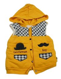 Žltá zateplená tepláková vesta s nápismi a kapucňou