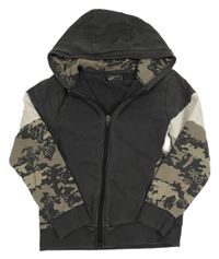 Tmavošedá propínací mikina se vzrorovanými rukávy a kapucí Next