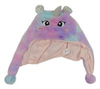 Lila-světlemodrá kožešinová podšitá čepice - jednorožec 