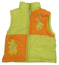 Zeleno-oranžová šušťáková zateplená vesta so zvieratkami
