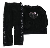 2set - Černá plyšová mikina se srdíčkem z flitrů + tepláky Little kids