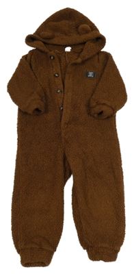 Hnědá huňatá kombinéza s nášivkou a kapucí s oušky SHEIN