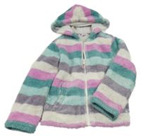 Bílo-zeleno-fialovo-růžová pruhovaná chlupatá propínací mikina s kapucí John Lewis