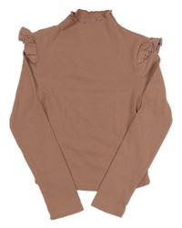 Staroružové rebrované crop tričko s volánikmi Shein