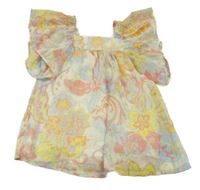 Smetanovo-ružovo-žlto-modré trblietavé vzorované šifónové šaty Zara