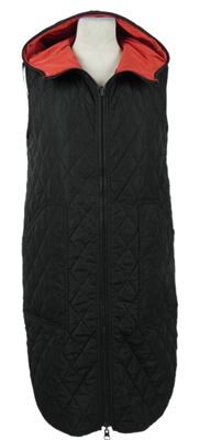 Dámska černá/červená šušťáková prešívaná zateplená maxi vesta s kapucňou Carolyn Donnelly