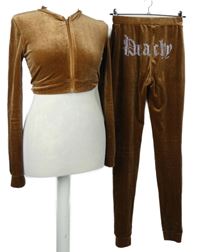 2set - Dámská medová sametová tepláková souprava s nápisem z kamínků