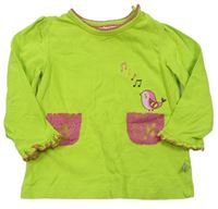 Neónově zelené tričko s vreckami a vtáčikom Liegelind